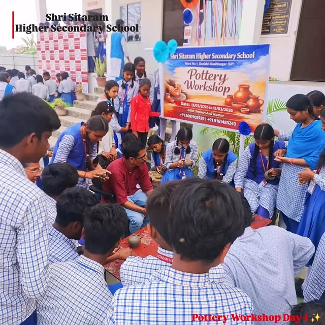 Students participating in a hands-on pottery workshop at Shri Sitaram School
