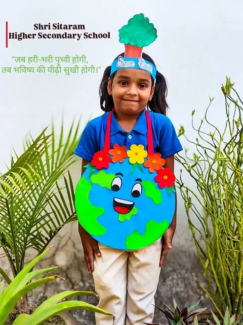A Shri Sitaram student taking part in a creative Earth Day presentation